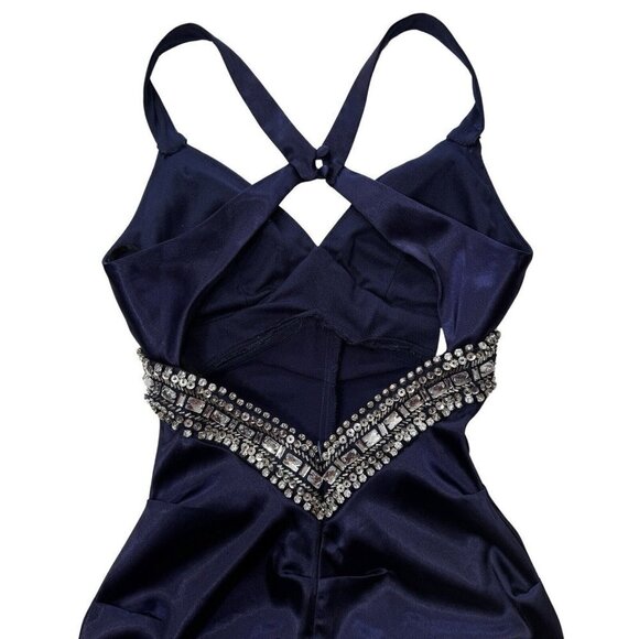B. DARLEN BodyCon Skim Prom Dress Juniors Size 1/2 Navy Rhinestones Straps Party - Picture 4 of 13